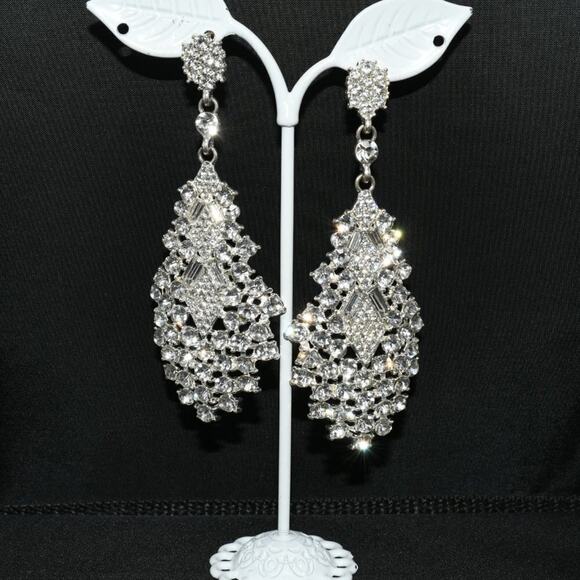 Vintage Long Rhinestone Wedding Earrings, Formal Bling 3 1/2 Inch Posts, 1990s - Picture 2 of 12